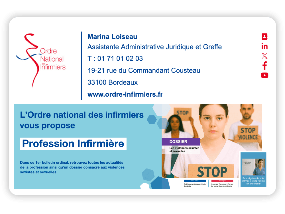 Example of an email signature. The Ordre National des Infirmiers uses and recommends Sigilium for email signature management.